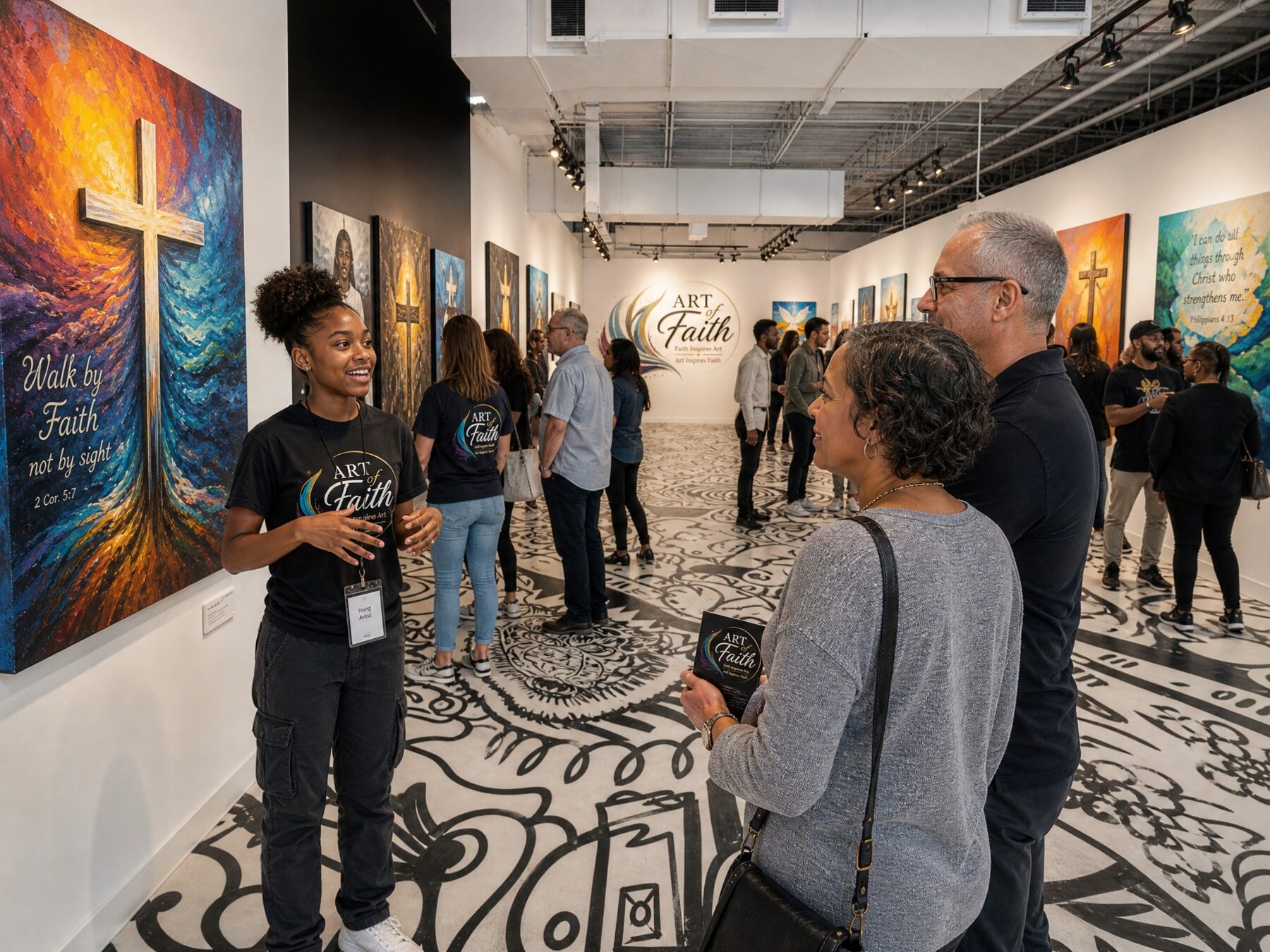 Gallery visitors viewing artwork at the Art of Faith exhibition