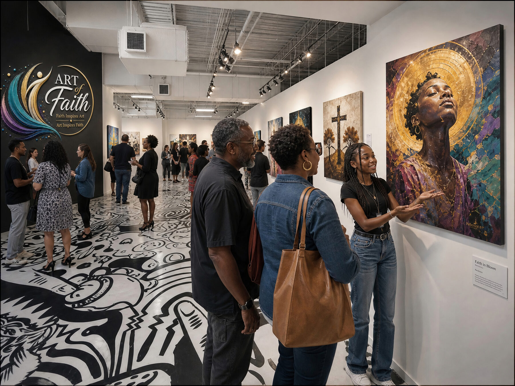 A gallery guide discussing a featured painting with visitors
